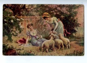 187545 SPRING Girls Garden w/ Sheep by ZATZKA Vintage color PC