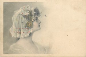 Art nouveau drawn woman portrait head decorations 1908 postcard