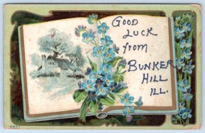 BUNKER HILL ILLINOIS GOOD LUCK 1910's ERA EMBOSSED FLOWERS  ANTIQUE POSTCARD