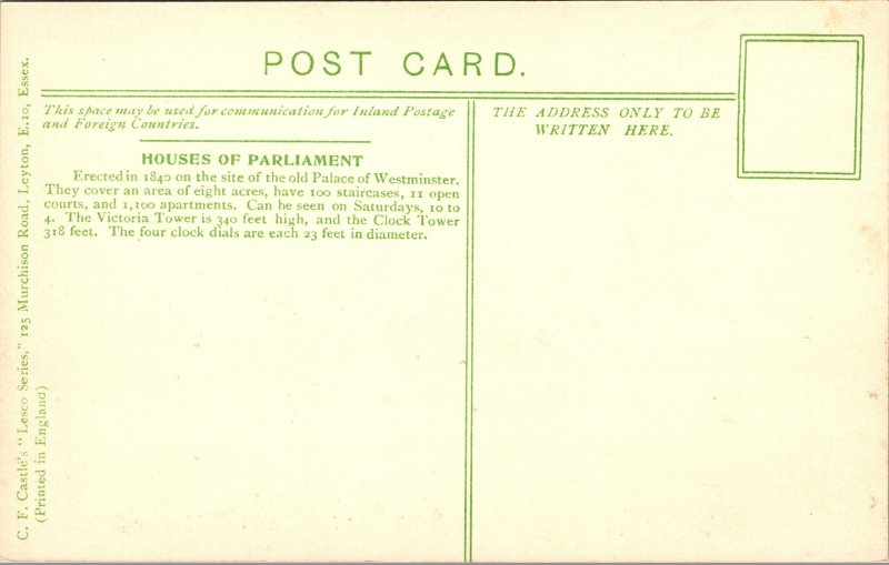 Postcard UK ENG London Big Ben Clock Tower Parliament Vintage Omnibus