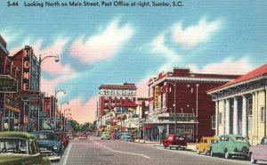 Looking North on Main St. Post Office At Right Sumter SC Vintage Postcard c1930