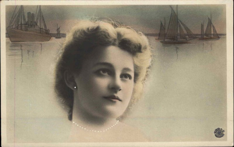 Surrealism Beautiful Woman Among Ships Tinted Real Photo RPPC Vintage Postcard