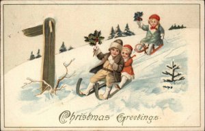 Christmas Children Sledding Bobsled Winter Holidays Vintage Postcard