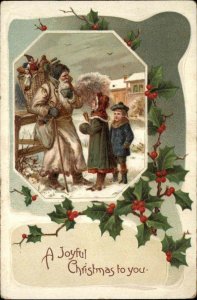 Christmas Santa Claus Beige Brown Suit Children Embossed c1900s-20s Postcard