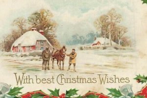 c1910 Winsch Back Man Horses Snow Houses Winter Scene Christmas P211 