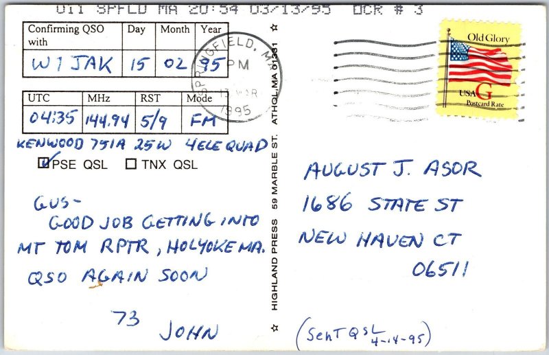 1995 QSL Radio Card Athol Massachusetts N1RSY Amateur Station Posted Postcard