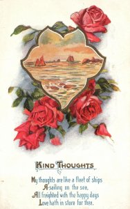 Vintage Postcard 1916 Kind Thoughts Ocean Boats Seascape Rose Flowers Letter