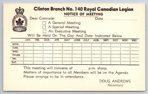 1960s Royal Canadian Legion #140 Clinton Ontario Meeting Notice Prepaid Postcard