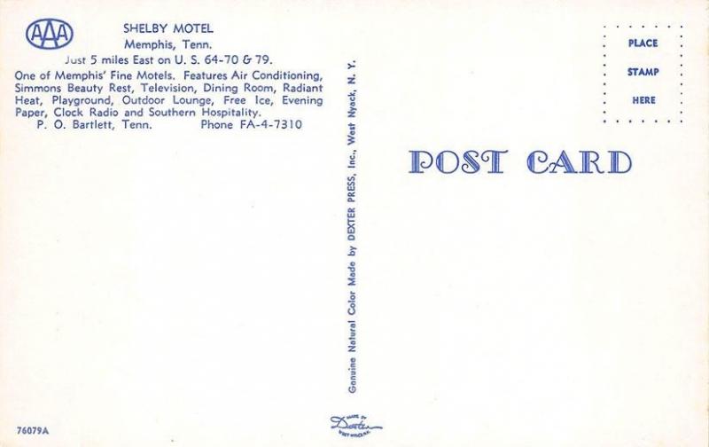 Memphis TN Shelby Motel Postcard