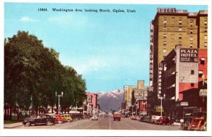 VINTAGE POSTCARD WASHINGTON AVENUE STREET SCENE OGDEN UTAH OLD CARS AND PLAZA HO