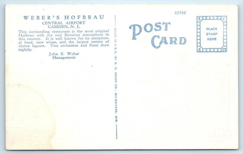 CAMDEN, New Jersey NJ ~ Roadside WEBER'S HOF BRAU Central Airport 1940s Postcard
