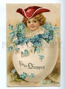 187329 EASTER Kid in HUGE EGG Forget-me-not Vintage EMBOSSED