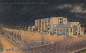 Postcard Omaha Union Railroad Station Night Omaha Nebraska NE