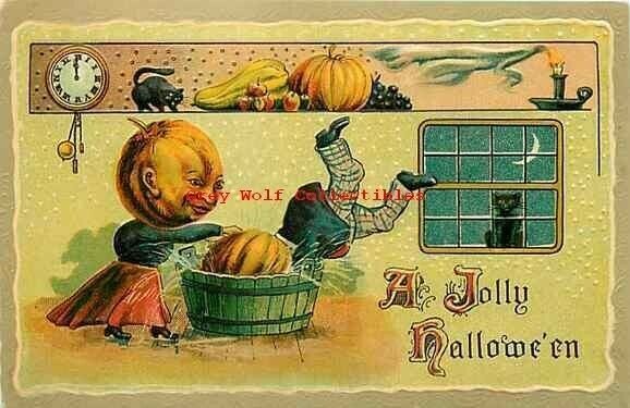 Halloween, Pumpkin Head Falling in Bucket, Clock Midnight, Gottschalk No 2243