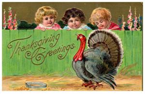 Thanksgiviing     Children behind fence, turkey in pen