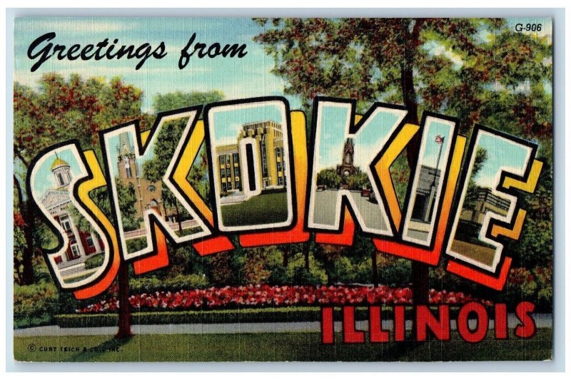 Skokie Illinois IL Postcard Greetings Big Jumbo Letters Multiview c1940 Vintage