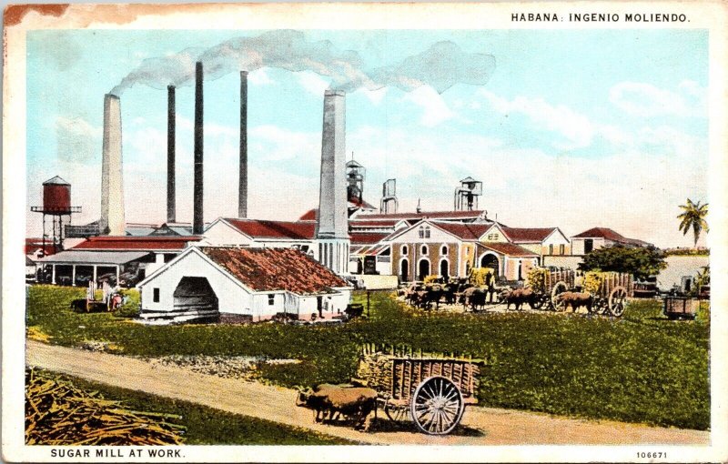 Habana Ingenio Moliendo Sugar Mill Working Smoke Stacks Ox Wagons Postcard UNP 