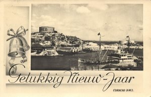 curacao, D.W.I., Happy New Year, Shell Oil Tanks, Ship (1940s) RPPC Postcard