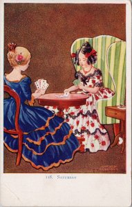 Comic Saturday Two Women Playing Cards Twelvetrees Artist Postcard H36 *as is