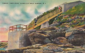 Postcard Famous Forty Steps Along Cliff Walk Newport RI