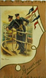 Embossed Victorian Greeting Card Naval Officers Flags Ship P82