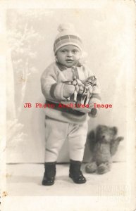 Studio Shot, RPPC, Child Holding a Toy Horse, Steiff Bear Sits on Floor, Prague