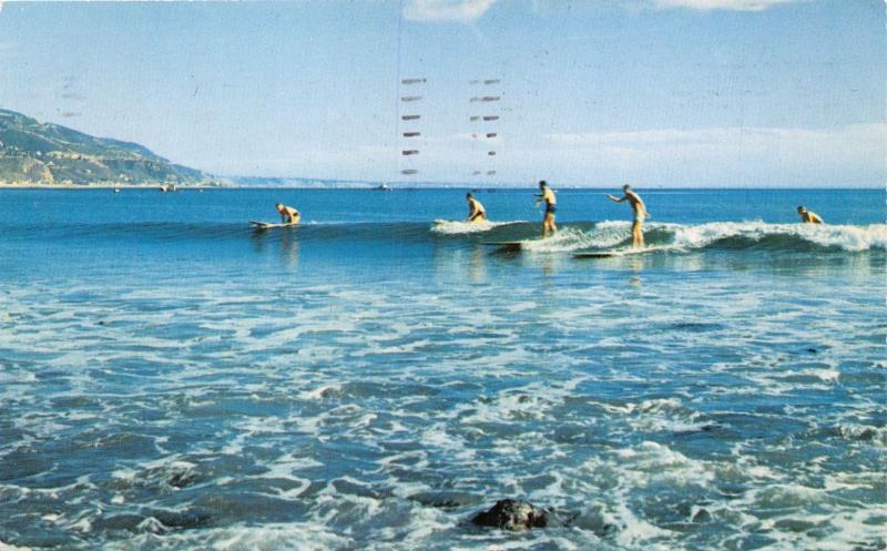 WAIKIKI IN SOUTHERN CALIFORNIA~BLUE PACIFIC SURFING POSTCARD 1957