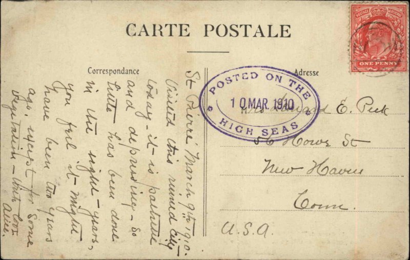 POSTED ON THE HIGH SEAS Postal Cancellation St. Pierre Martinique Message PC