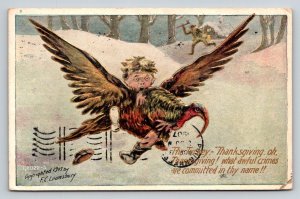 1907 Humorous Thanksgiving Postcard Boy Flying Away On Giant Turkey Lounsbury