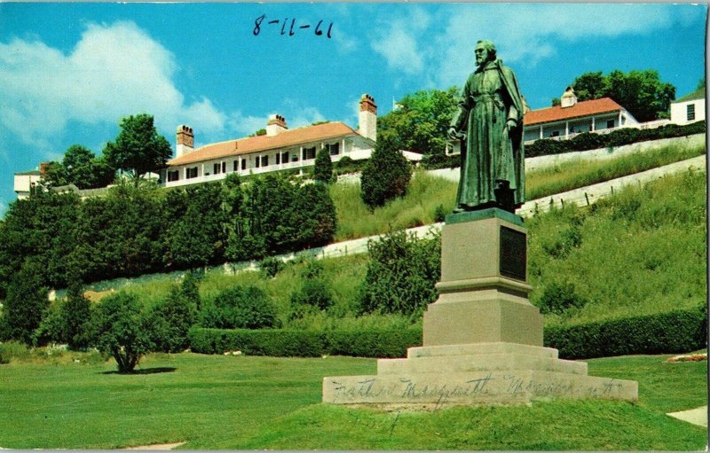 Father Marquette Monument Fort Mackinac Lucy Gridley Indian Statue Postcard VTG 