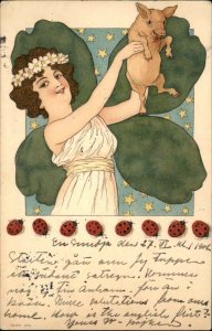 Good Luck Beautiful Woman Pig Clover Ladybugs Art Nouveau c1905 Postcard