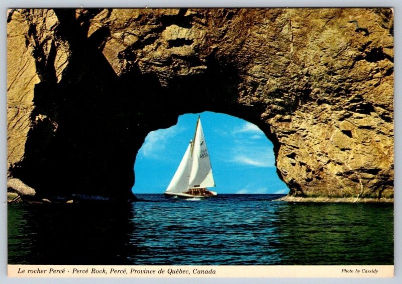 Sailboat Framed By Perce Rock, La Gaspesie Quebec Canada, Chrome Postcard