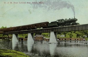 C.1900-10 U. Of M. Boat Livery, Ann Arbor, MI Train Bridge Vintage Postcard F77