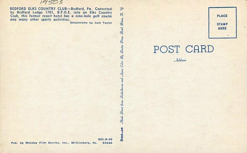 Pennsylvania Bedford 1950s Elks Country Club Wonday Dexter Postcard 22-3057