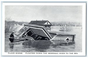 c1940s Flood Scene Floating To Merrimac River To The Sea Manchester NH Postcard