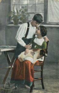 Children couple dog pet vintage postcard