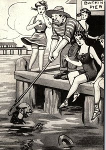 1930s BATHING PIER FISHING GUY OUT OF WATER COMEDIC POSTCARD 46-240