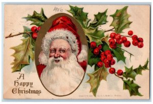 1906 Christmas Santa Claus Holly Berries Embossed New Haven CT Antique Postcard 