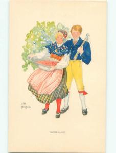 foreign Old Postcard signed EUROPEAN WOMAN HOLDS BOWL & MAN HOLDING AXE AC2368