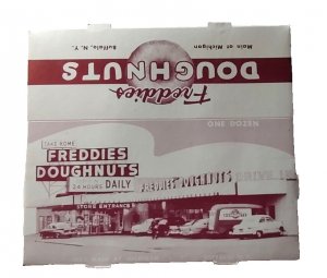 Freddies Doughnuts Box Old Cars Trucks Michigan Buffalo 1950s Vintage UNUSED NOS