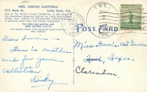 Postcard Arkansas Little Rock Mrs. Adkins Cafeteria 1941 occupation 23-10644