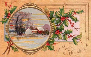 Vintage Postcard Merry Christmas Greetings Card! Winter Snow House Holly Berries