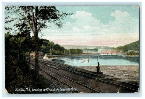 1913 Berlin NH, Looking Up River From Cascade Mills Railroad Antique Postcard