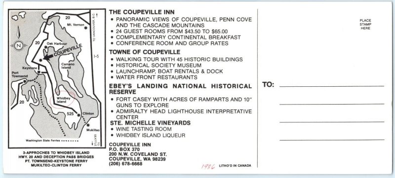 9 Oversized 1980s Coupeville, WA Inn Motel Towne Whidbey Island Ad Postcard 1T