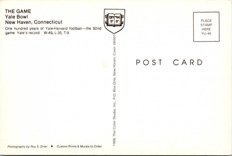 New Haven, CT Connecticut  THE GAME Yale~Harvard Football Game 1986 4X6 Postcard