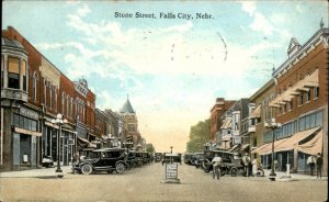 Falls City Nebraska Stone Street Shops Early Autos c1900-20s Vintage Postcard