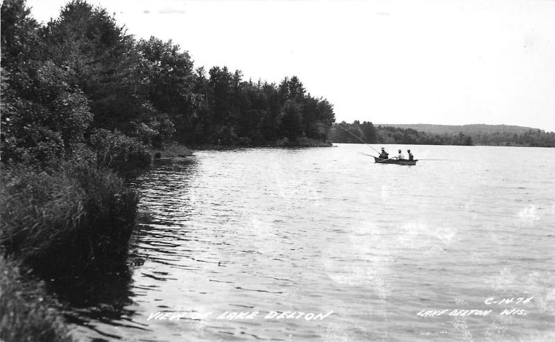 Lake Delton Wisconsin Dells~Men Fishing from Row Boat near Shoreline~1940s RPPC