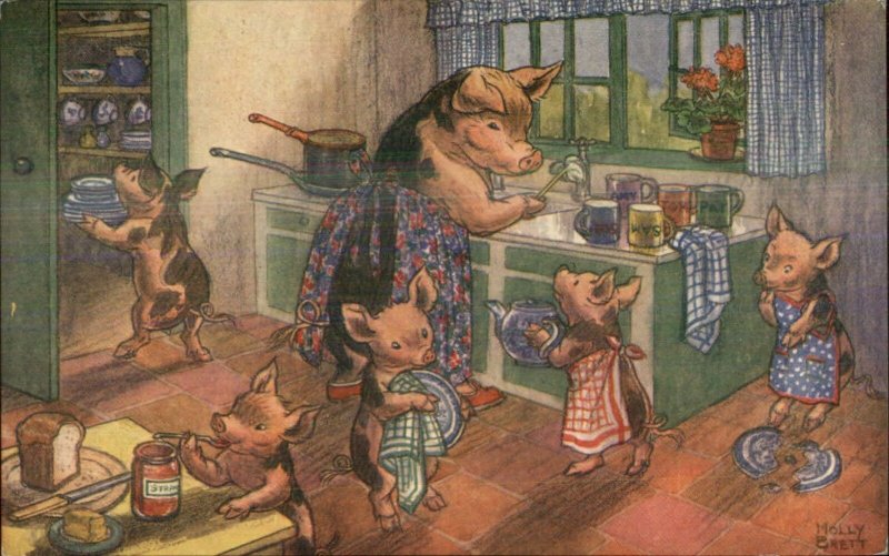 Fantasy Dressed Pig Family Cleaning Kitchen MOLLY BRETT Postcard