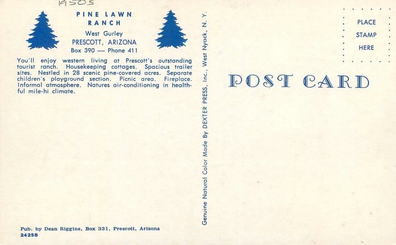 Postcard Arizona Prescott Pine Lawn Ranch 1950s Riggins Dexter 23-2608