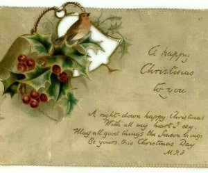 1880s-90s Raphael Tuck Christmas Card Poem Bird Bells Holly *M